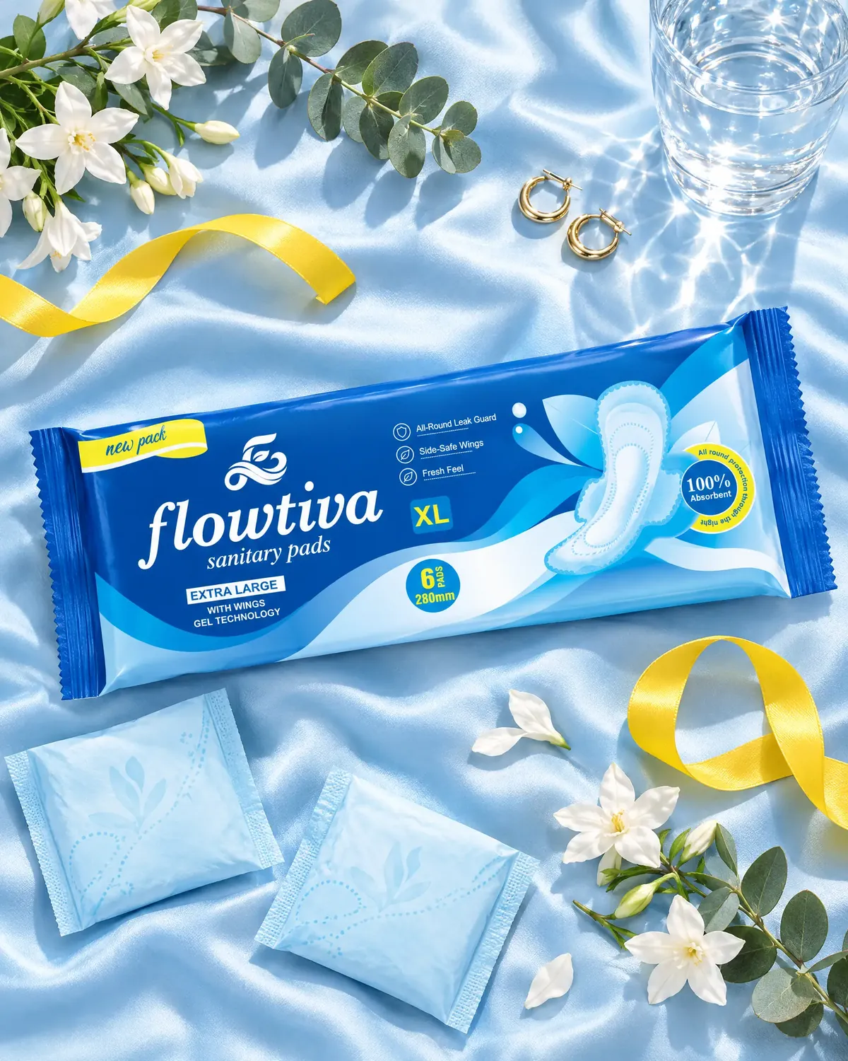 flowtiva pack with two wrapped pads and jasmine on blue satin