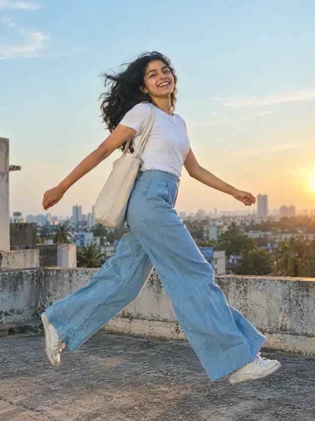 Young woman walking freely on a rooftop at golden hour